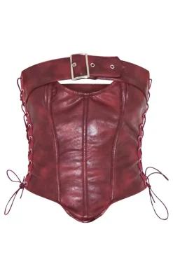 Burgundy Faux Leather Lace Side Buckle Detail Corset-PrettyLittleThing Sale