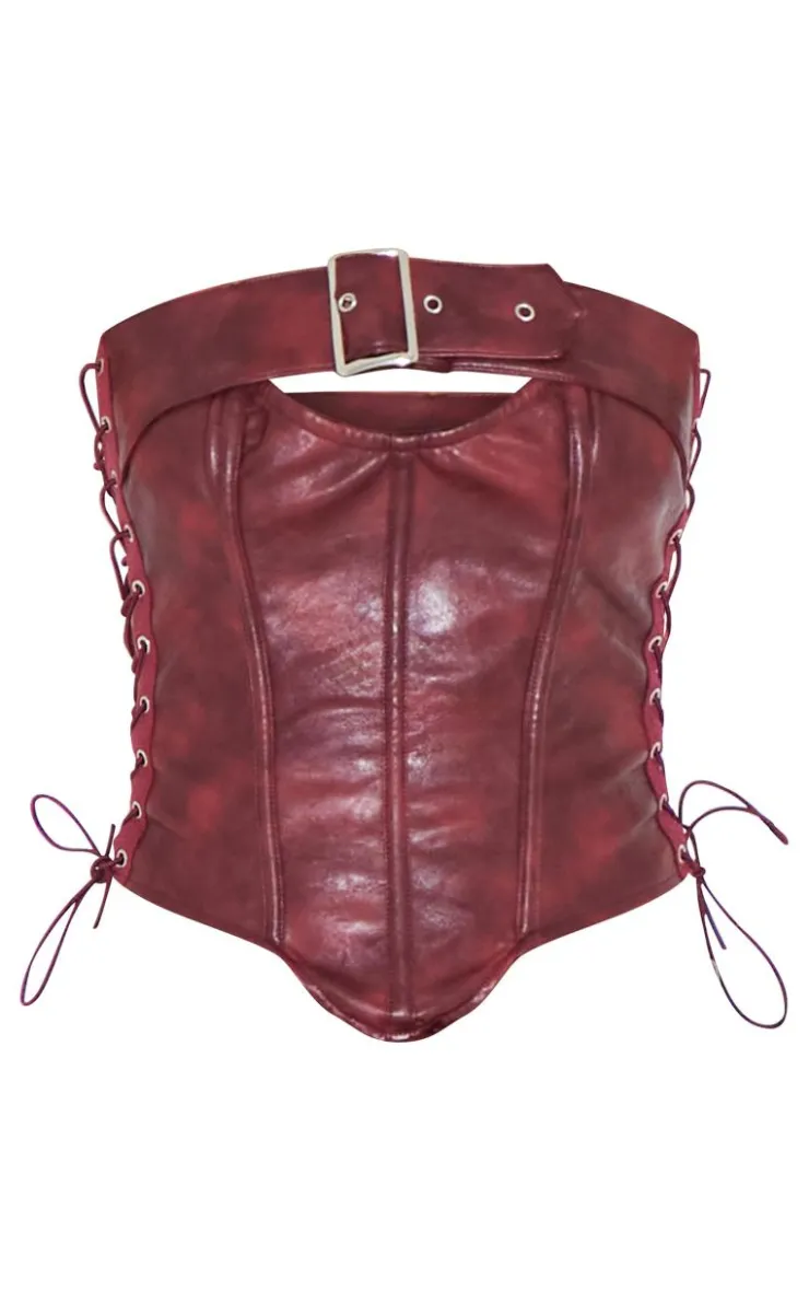 Burgundy Faux Leather Lace Side Buckle Detail Corset-PrettyLittleThing Sale