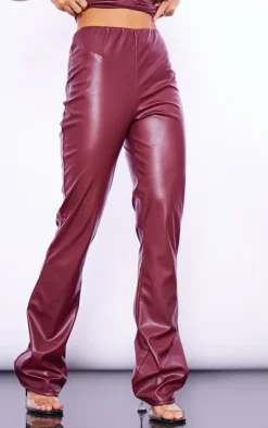 Online PrettyLittleThing Faux Leather Mid Rise Pin Tuck Straight Leg Pants Burgundy