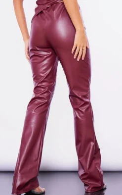 Online PrettyLittleThing Faux Leather Mid Rise Pin Tuck Straight Leg Pants Burgundy