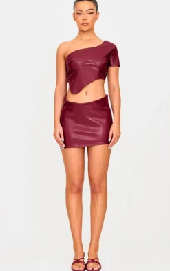 New PrettyLittleThing Faux Leather One Shoulder Asymmetric Crop Top Burgundy