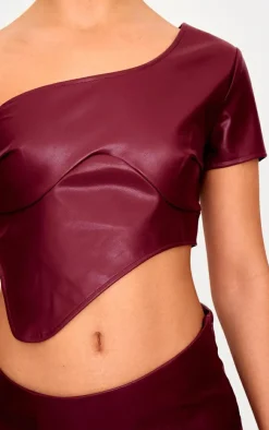 New PrettyLittleThing Faux Leather One Shoulder Asymmetric Crop Top Burgundy