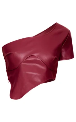 New PrettyLittleThing Faux Leather One Shoulder Asymmetric Crop Top Burgundy