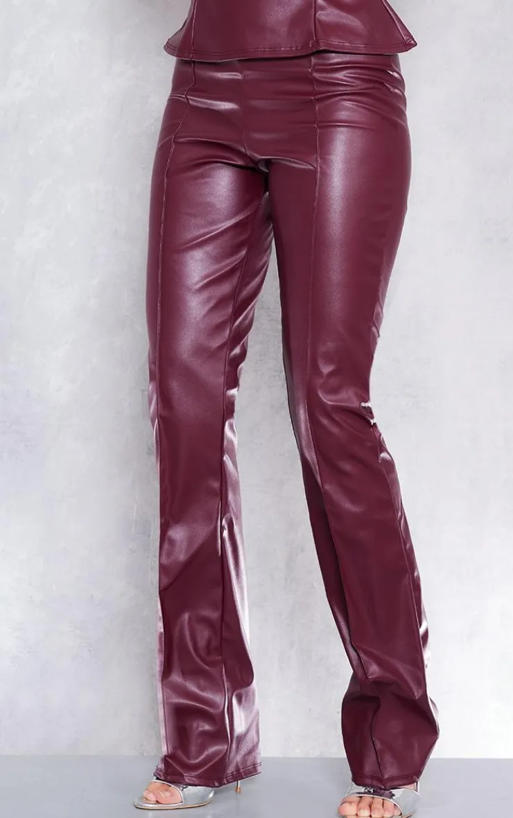 Clearance PrettyLittleThing Faux Leather Pintuck Detail Straight Leg Pants Burgundy