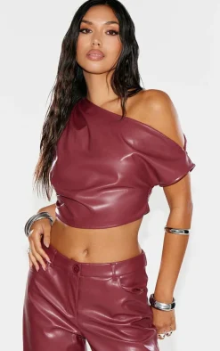 Outlet PrettyLittleThing Faux Leather Ruched One Shoulder Asymmetric Crop Top Burgundy