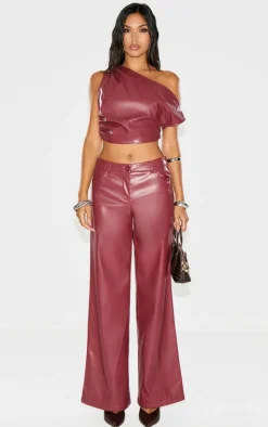 Outlet PrettyLittleThing Faux Leather Ruched One Shoulder Asymmetric Crop Top Burgundy