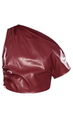 Outlet PrettyLittleThing Faux Leather Ruched One Shoulder Asymmetric Crop Top Burgundy