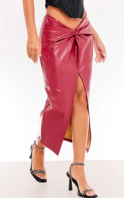 Burgundy Faux Leather Twist Detail Front Midi Skirt