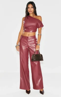 Discount PrettyLittleThing Faux Leather Wide Leg Low Rise Pants Burgundy