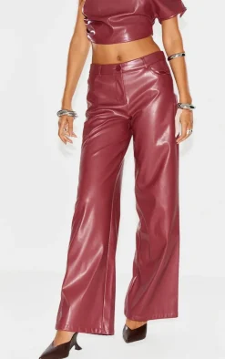Discount PrettyLittleThing Faux Leather Wide Leg Low Rise Pants Burgundy