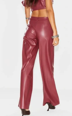 Discount PrettyLittleThing Faux Leather Wide Leg Low Rise Pants Burgundy