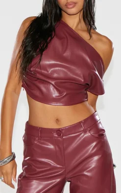 Discount PrettyLittleThing Faux Leather Wide Leg Low Rise Pants Burgundy