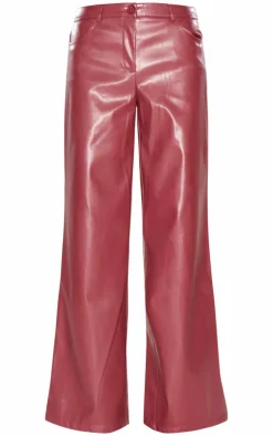 Discount PrettyLittleThing Faux Leather Wide Leg Low Rise Pants Burgundy