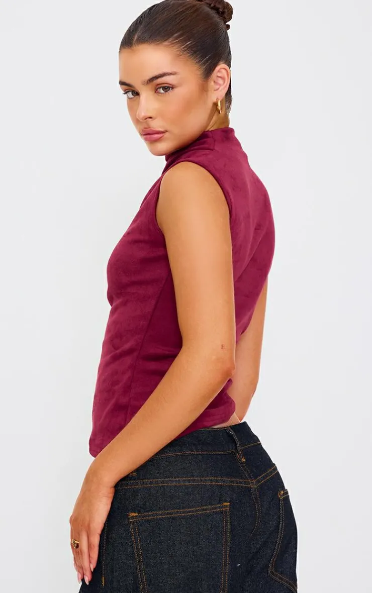 PrettyLittleThing Sleeveless Tops*Faux Suede High Neck Asymmetric Hem Long Top