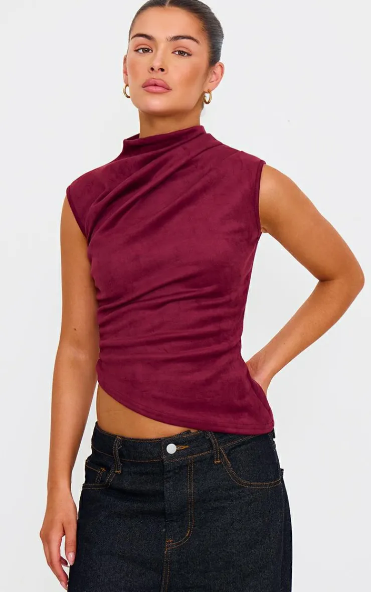 PrettyLittleThing Sleeveless Tops*Faux Suede High Neck Asymmetric Hem Long Top