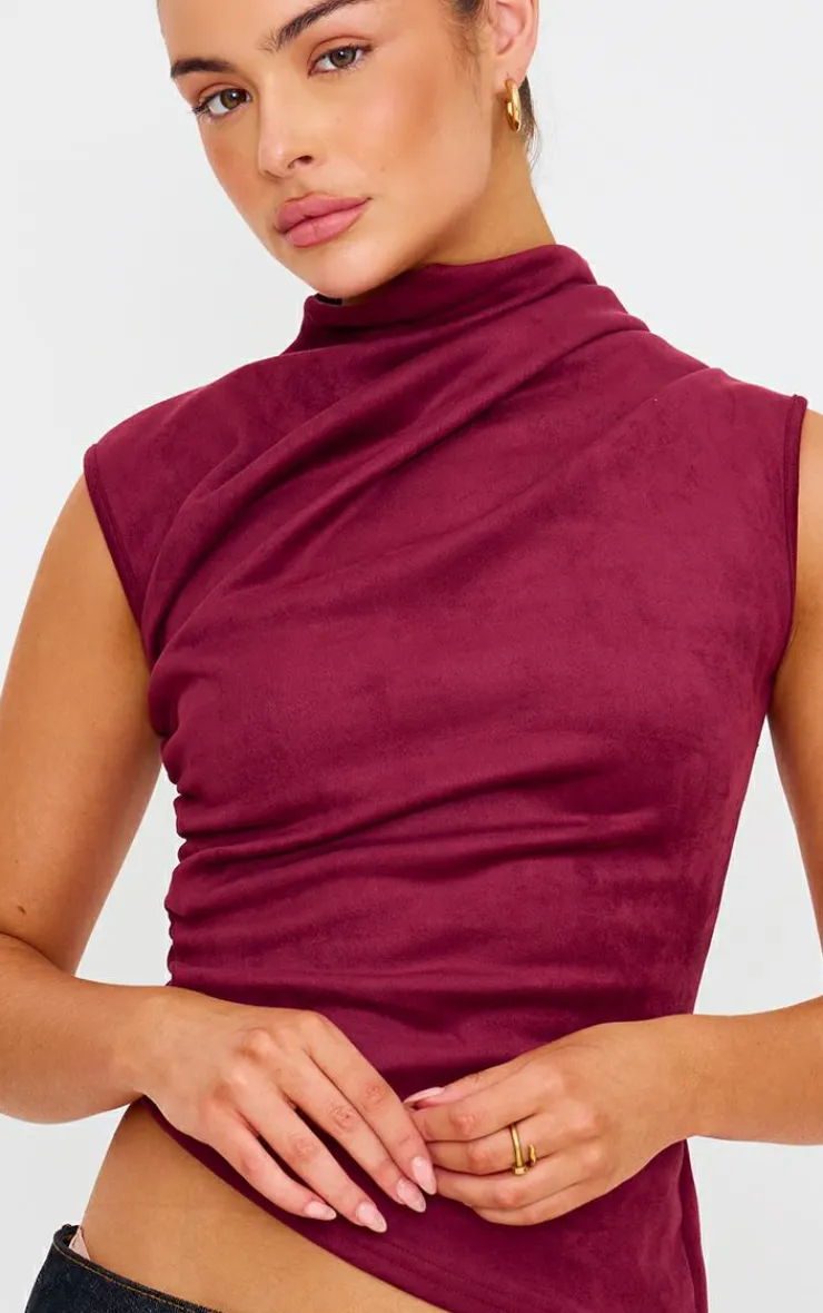 PrettyLittleThing Sleeveless Tops*Faux Suede High Neck Asymmetric Hem Long Top