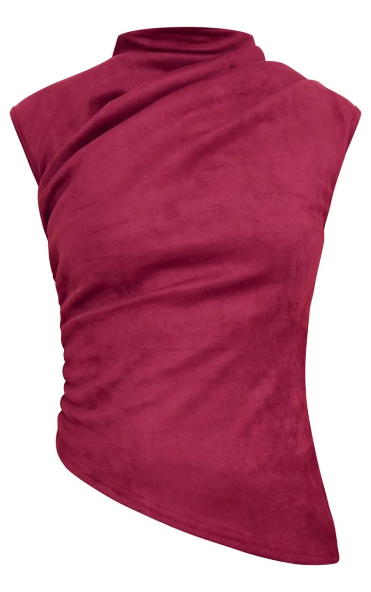 PrettyLittleThing Sleeveless Tops*Faux Suede High Neck Asymmetric Hem Long Top