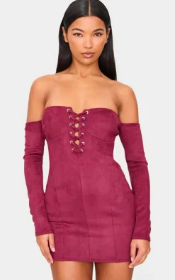 Faux Suede Lace Up Detail Bardot Bodycon Dress-PrettyLittleThing Hot