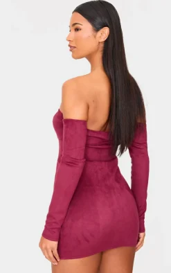 Faux Suede Lace Up Detail Bardot Bodycon Dress-PrettyLittleThing Hot