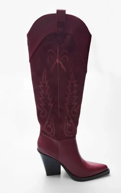 PrettyLittleThing Knee High Boots*Faux Suede Point Toe Knee High Stitch Detail Block Heel Western Boots