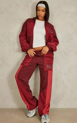 PrettyLittleThing Fleece Contrast Panel Straight Leg Sweatpants Burgundy