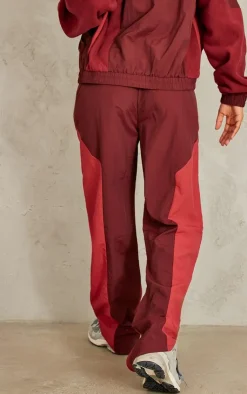 PrettyLittleThing Fleece Contrast Panel Straight Leg Sweatpants Burgundy