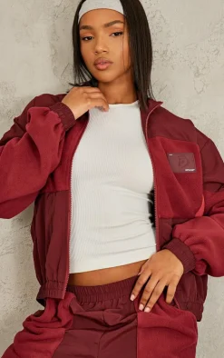 PrettyLittleThing Fleece Contrast Panel Straight Leg Sweatpants Burgundy