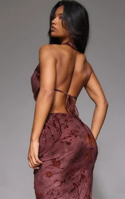 Outlet PrettyLittleThing Floral Print Devore Cowl Neck Top Burgundy