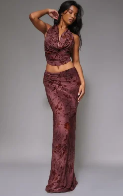 Outlet PrettyLittleThing Floral Print Devore Cowl Neck Top Burgundy