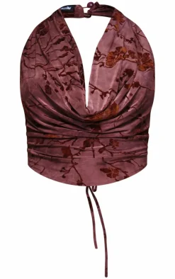 Outlet PrettyLittleThing Floral Print Devore Cowl Neck Top Burgundy