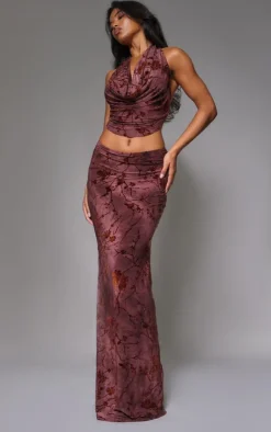 New PrettyLittleThing Floral Print Devore Maxi Skirt Burgundy
