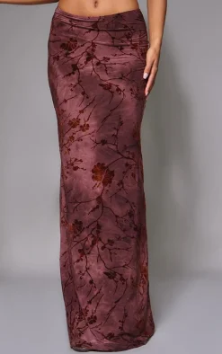 New PrettyLittleThing Floral Print Devore Maxi Skirt Burgundy