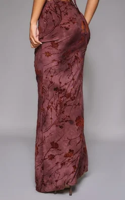 New PrettyLittleThing Floral Print Devore Maxi Skirt Burgundy