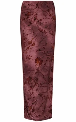 New PrettyLittleThing Floral Print Devore Maxi Skirt Burgundy