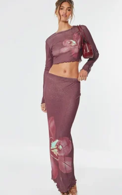 PrettyLittleThing Floral Print Long Sleeve Top Burgundy