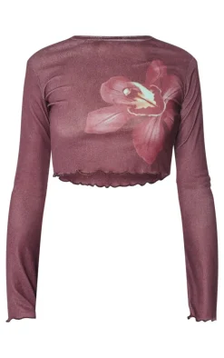 PrettyLittleThing Floral Print Long Sleeve Top Burgundy