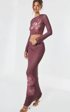 Sale PrettyLittleThing Floral Print Maxi Skirt Burgundy