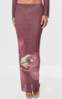 Sale PrettyLittleThing Floral Print Maxi Skirt Burgundy