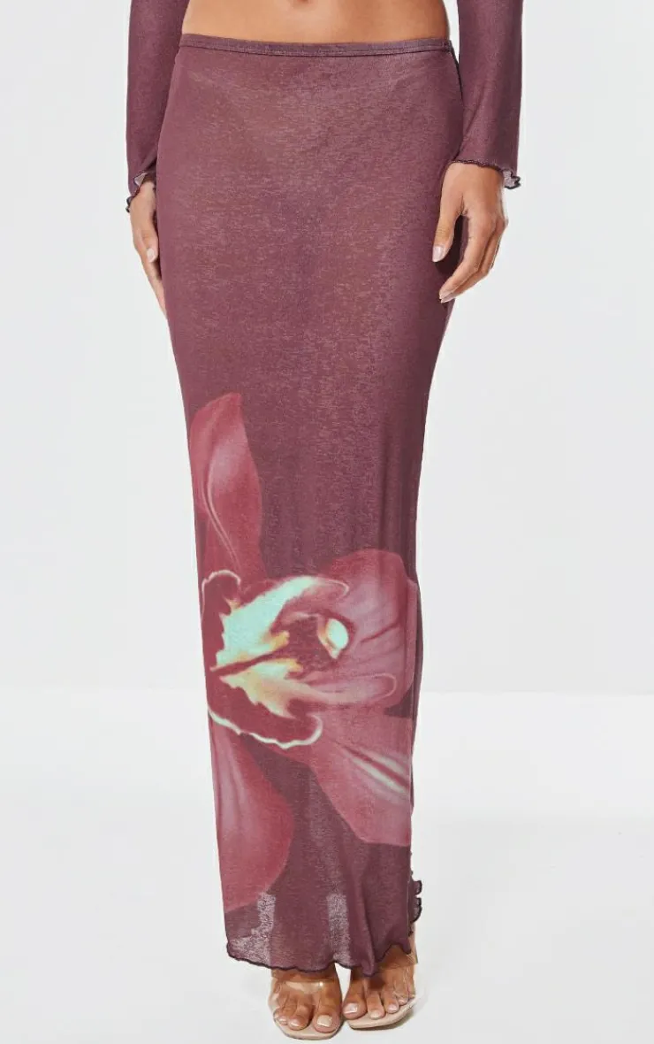 Sale PrettyLittleThing Floral Print Maxi Skirt Burgundy