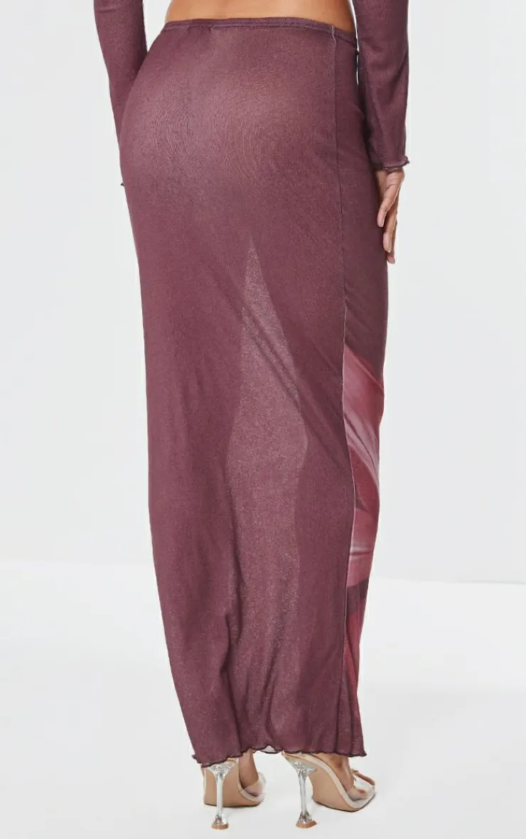 Sale PrettyLittleThing Floral Print Maxi Skirt Burgundy