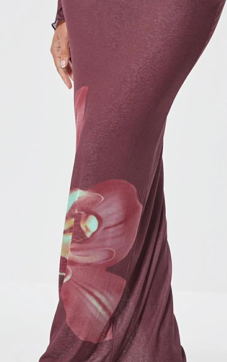 Sale PrettyLittleThing Floral Print Maxi Skirt Burgundy