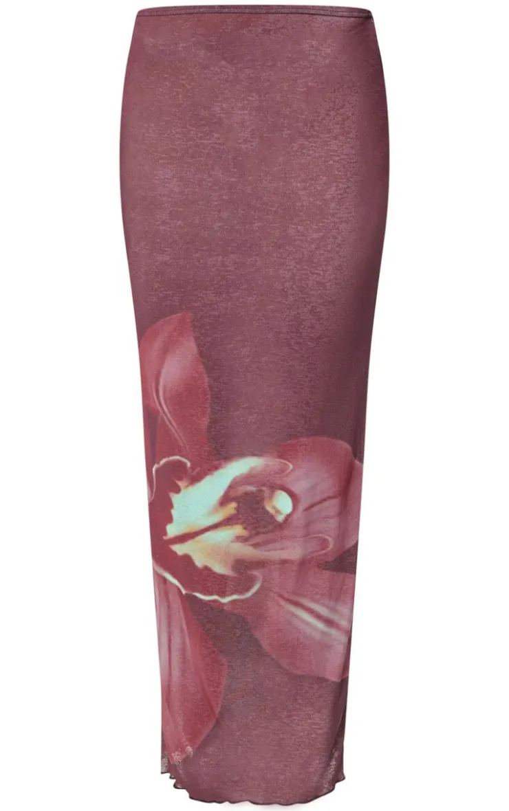 Sale PrettyLittleThing Floral Print Maxi Skirt Burgundy