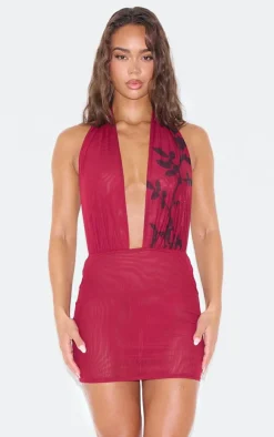Burgundy Flower Printed Mesh Extreme Plunge Bodycon Dress-PrettyLittleThing Sale