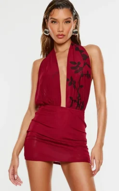 Burgundy Flower Printed Mesh Extreme Plunge Bodycon Dress-PrettyLittleThing Sale