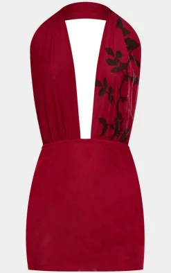 Burgundy Flower Printed Mesh Extreme Plunge Bodycon Dress-PrettyLittleThing Sale