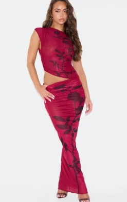 Hot PrettyLittleThing Burgundy Flower Printed Mesh Ruched Low Rise Maxi Skirt Dark Red