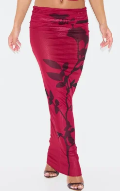 Hot PrettyLittleThing Burgundy Flower Printed Mesh Ruched Low Rise Maxi Skirt Dark Red