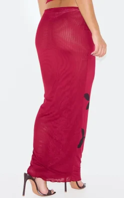Hot PrettyLittleThing Burgundy Flower Printed Mesh Ruched Low Rise Maxi Skirt Dark Red
