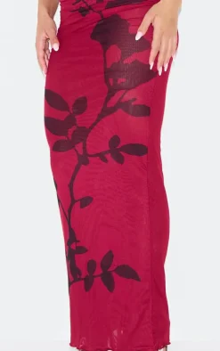 Hot PrettyLittleThing Burgundy Flower Printed Mesh Ruched Low Rise Maxi Skirt Dark Red