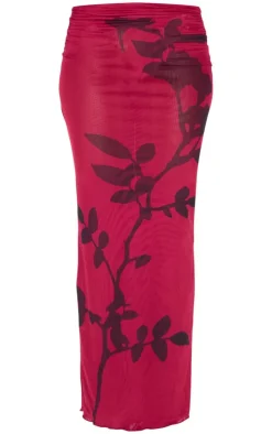 Hot PrettyLittleThing Burgundy Flower Printed Mesh Ruched Low Rise Maxi Skirt Dark Red